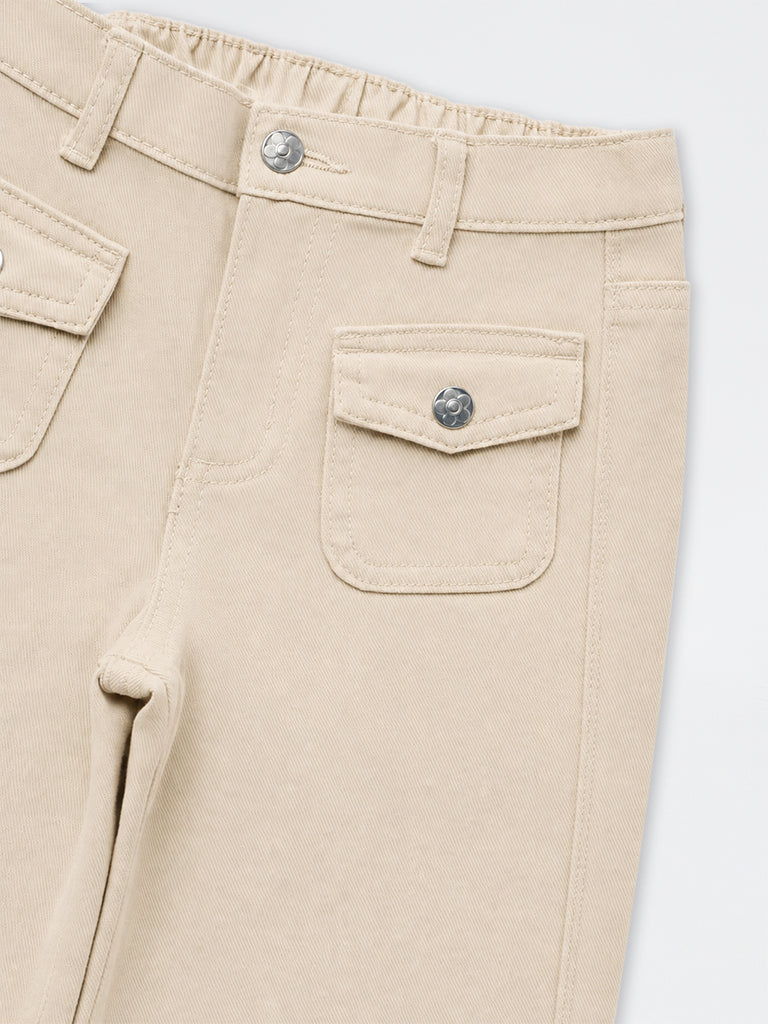 HOP Kids Girls Light Beige Cat-Embroidered High-Rise Jeans