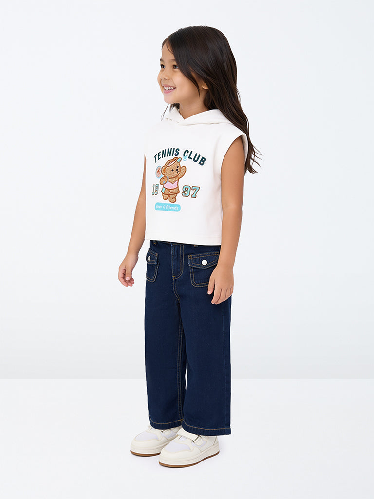 HOP Kids Girls Dark Blue Text-Embroidered High-Rise Jeans