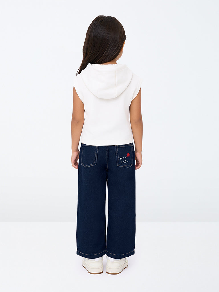 HOP Kids Girls Dark Blue Text-Embroidered High-Rise Jeans