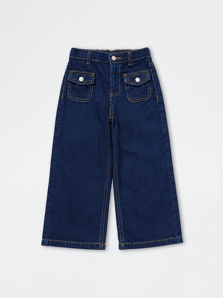 HOP Kids Girls Dark Blue Text-Embroidered High-Rise Jeans
