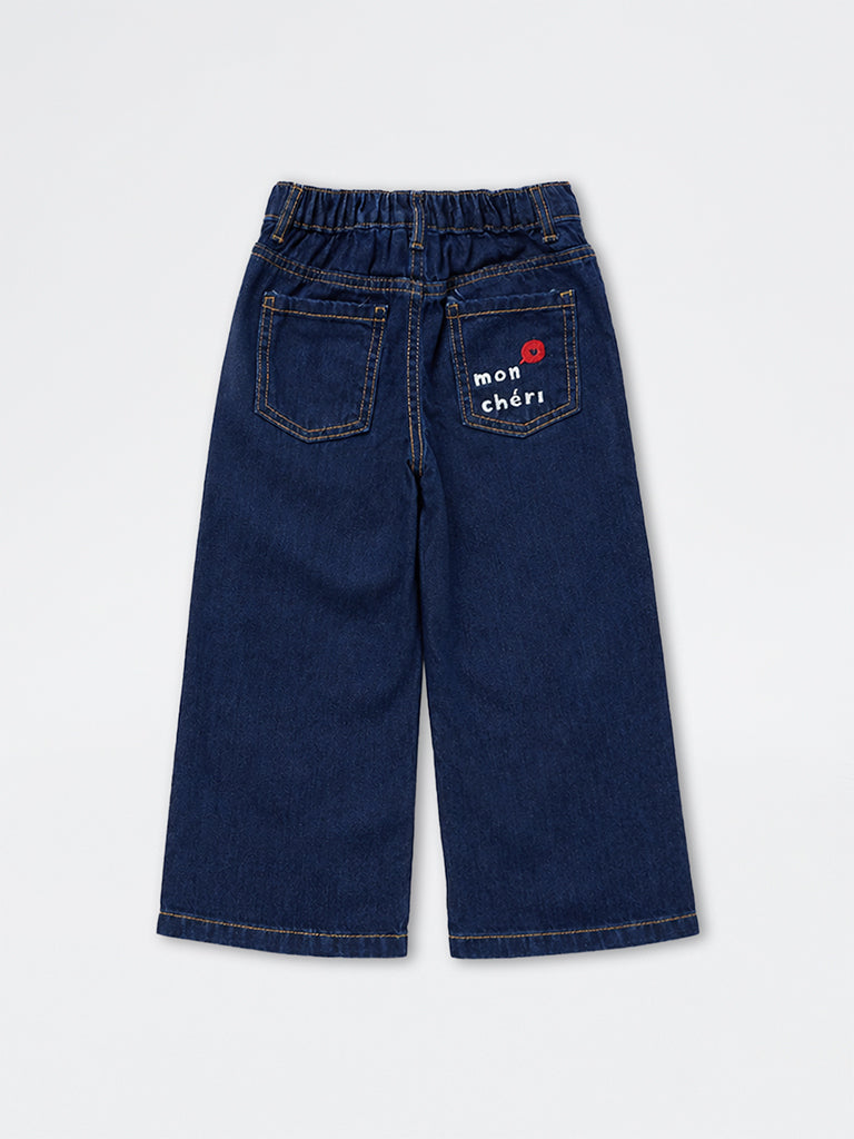 HOP Kids Girls Dark Blue Text-Embroidered High-Rise Jeans