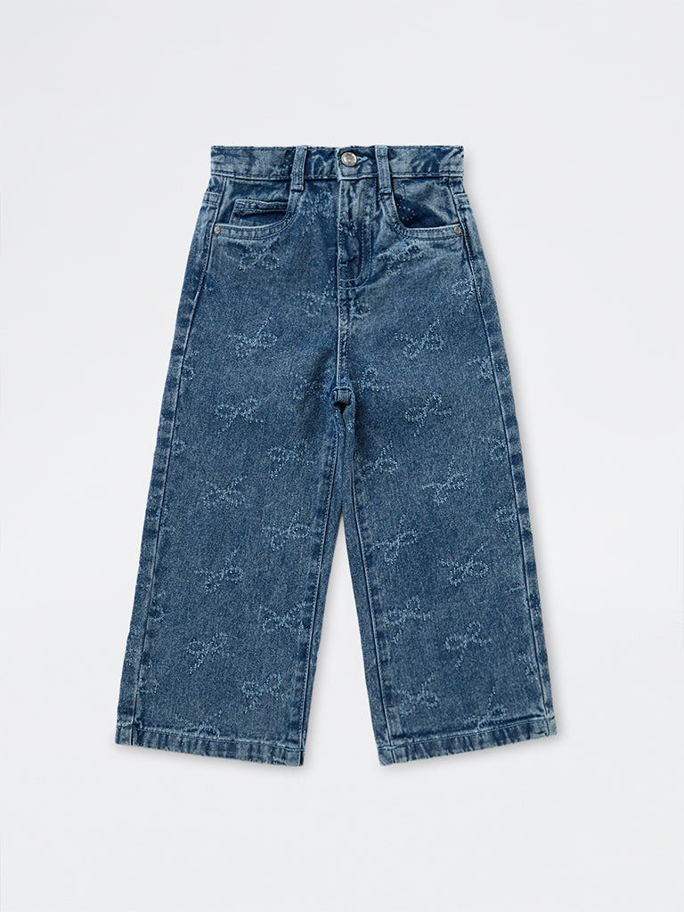 HOP Kids Girls Blue Bow-Detail High-Rise Jeans