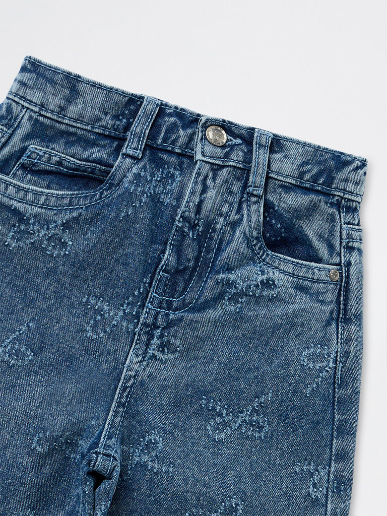 HOP Kids Girls Blue Bow-Detail High-Rise Jeans