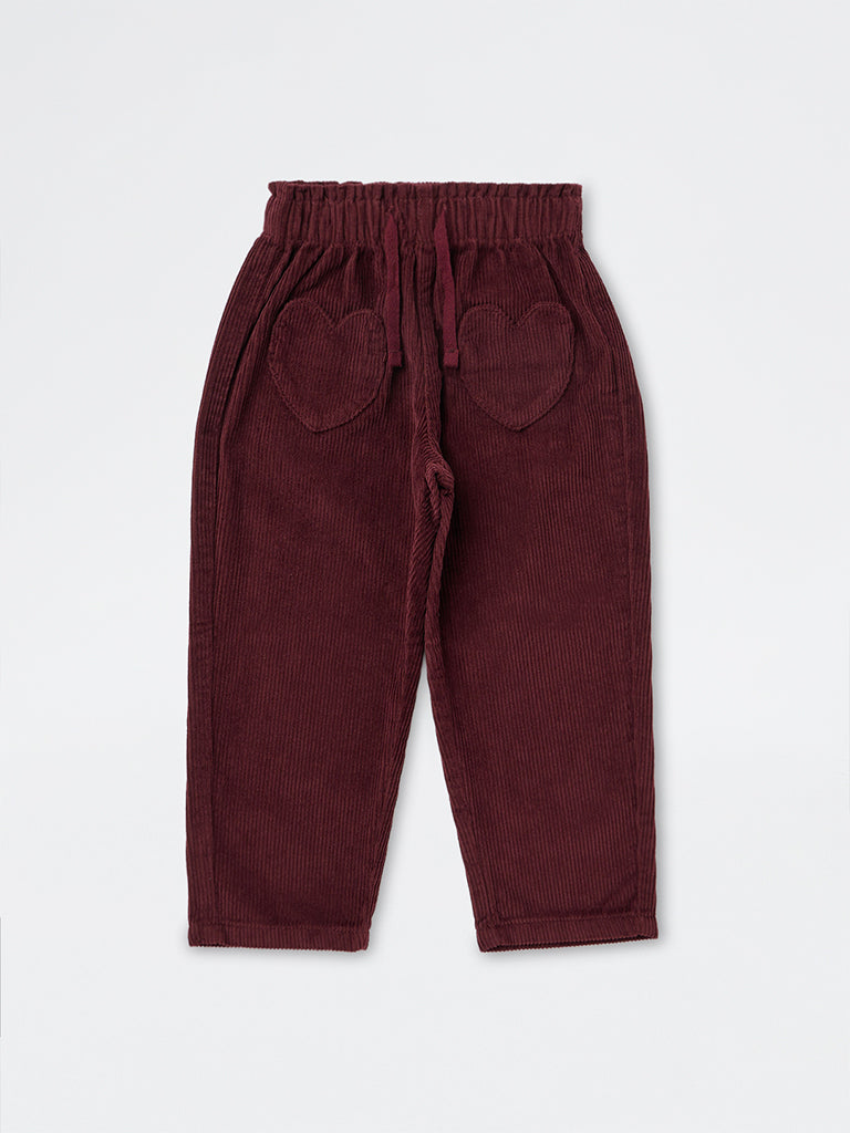 HOP Kids Girls Burgundy High-Rise Corduroy Cotton Trousers