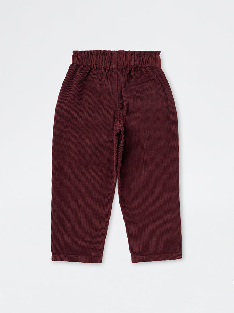 HOP Kids Girls Burgundy High-Rise Corduroy Cotton Trousers