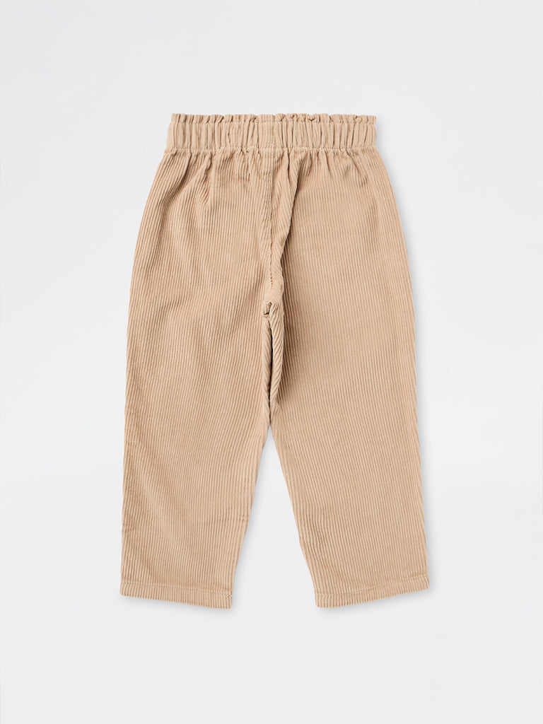 HOP Kids Girls Beige High-Rise Corduroy Cotton Trousers