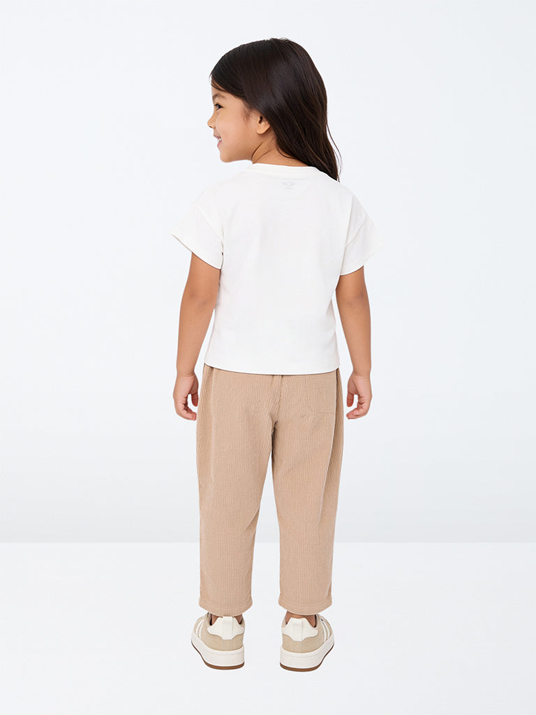 HOP Kids Girls Beige High-Rise Corduroy Cotton Trousers