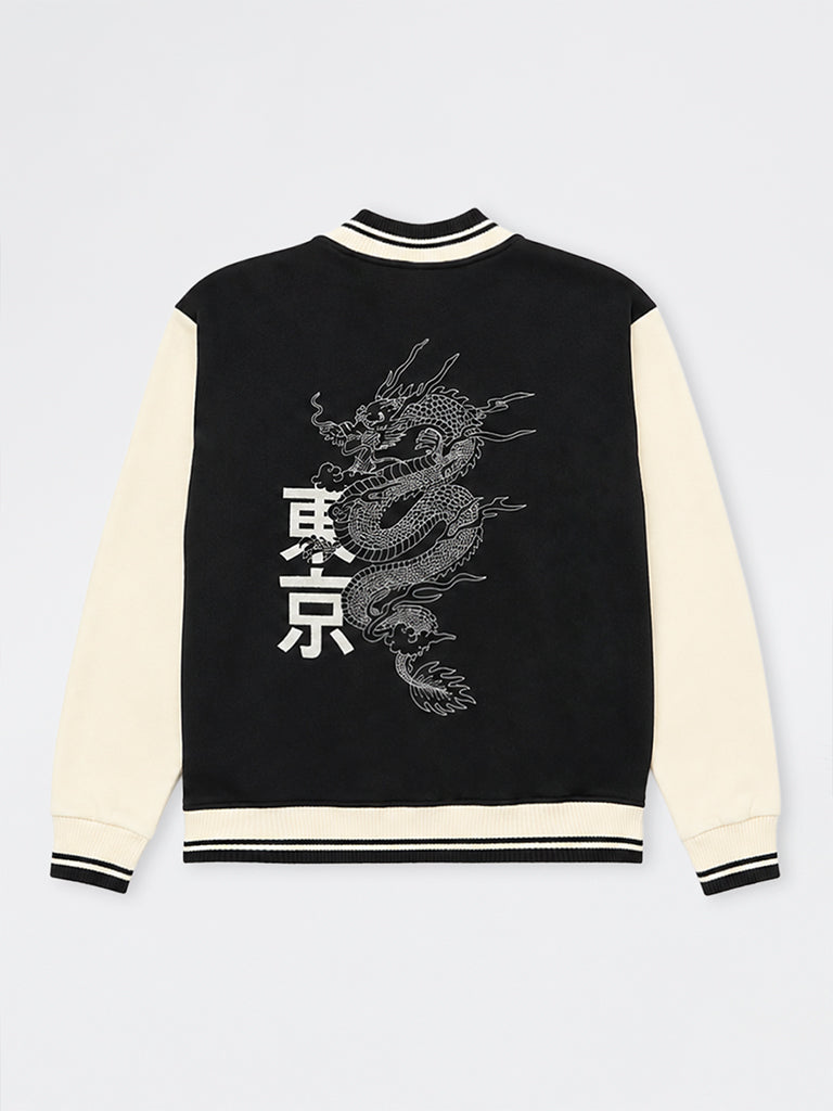 Boys Black Colour-Blocked Cotton-Blend Varsity Jacket