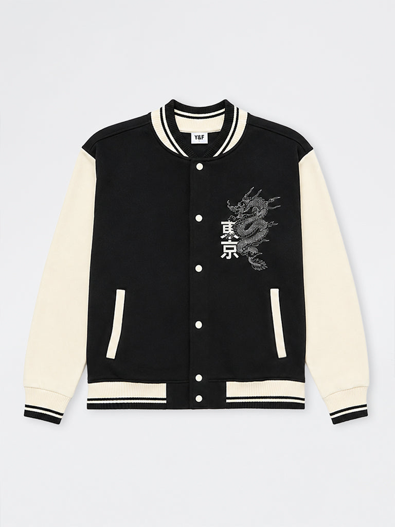 Boys Black Colour-Blocked Cotton-Blend Varsity Jacket