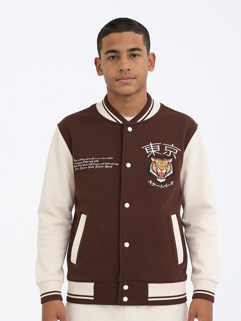 Boys Brown Tiger Embroidered Cotton-Blend Varsity Jacket