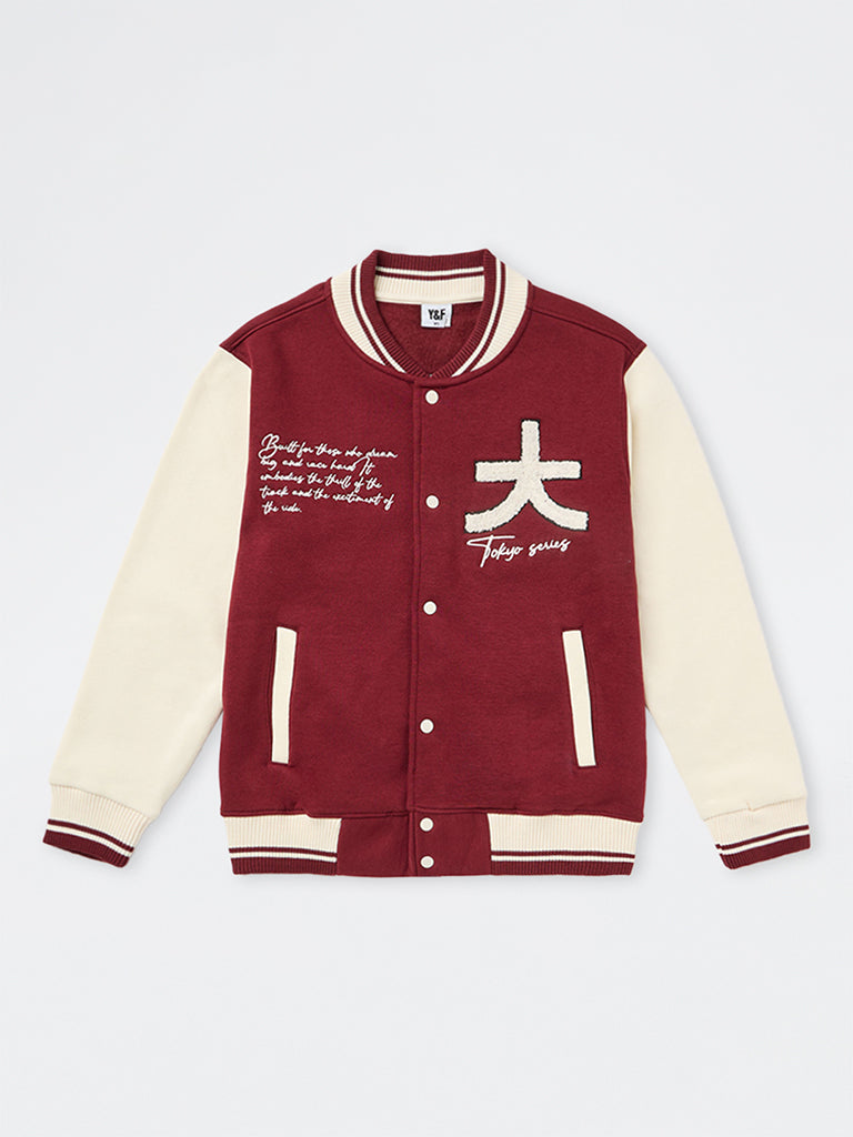 Boys Red Text Embroidered Cotton-Blend Varsity Jacket