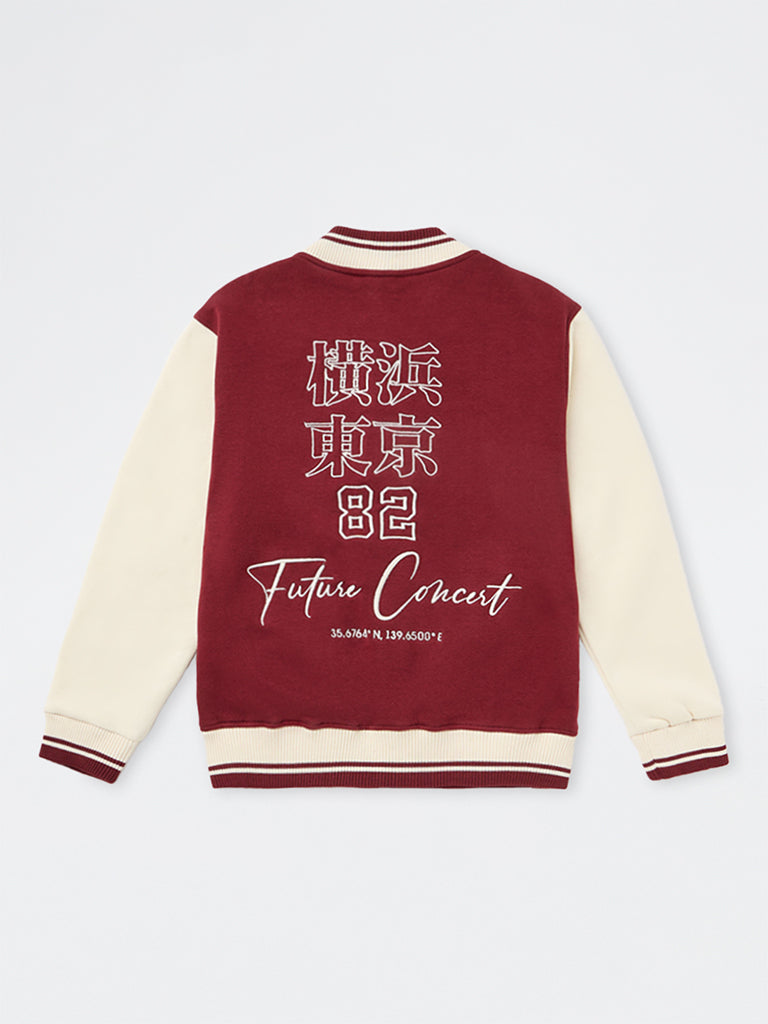 Boys Red Text Embroidered Cotton-Blend Varsity Jacket