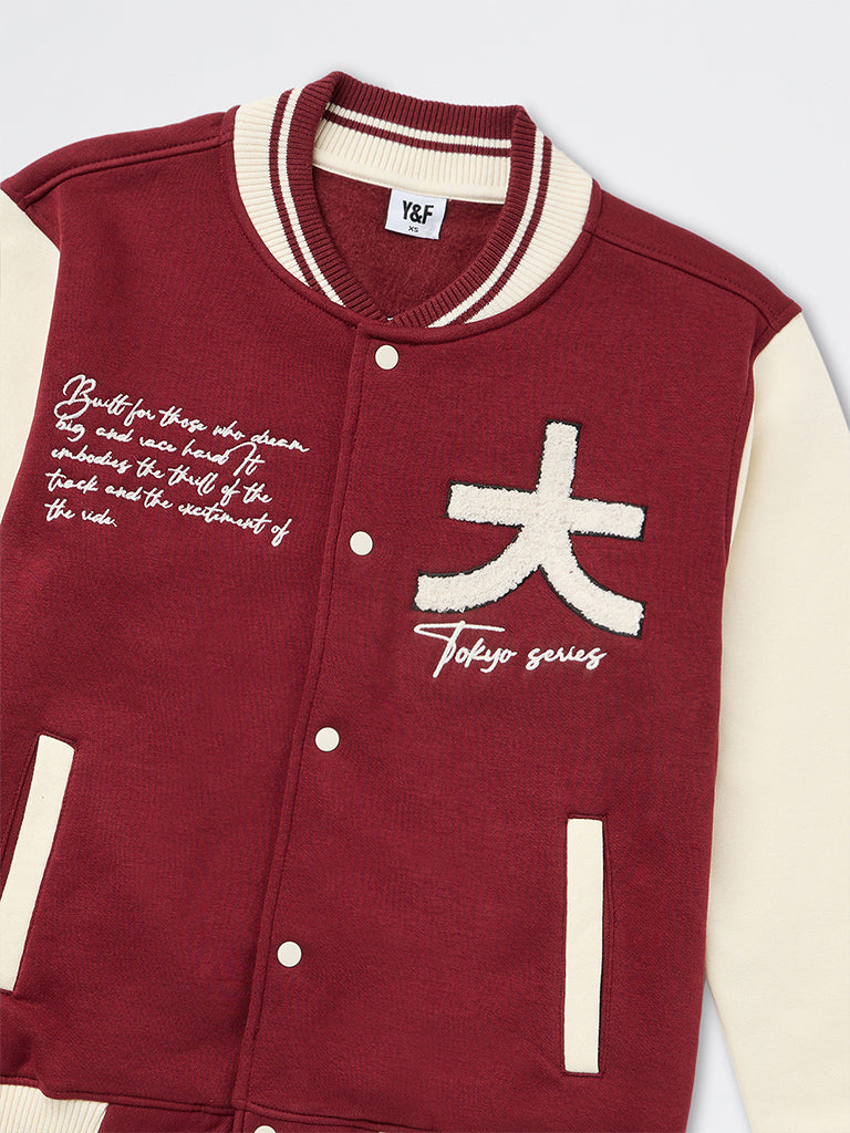 Boys Red Text Embroidered Cotton-Blend Varsity Jacket