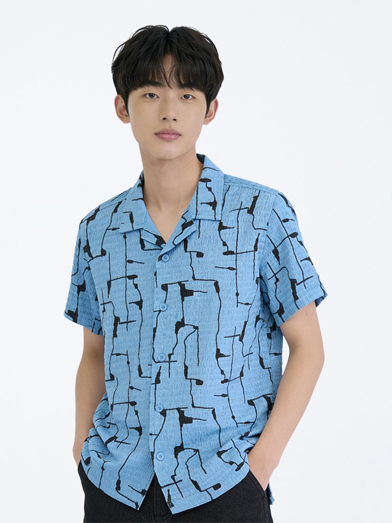 Boys Blue Abstract Printed Shirt