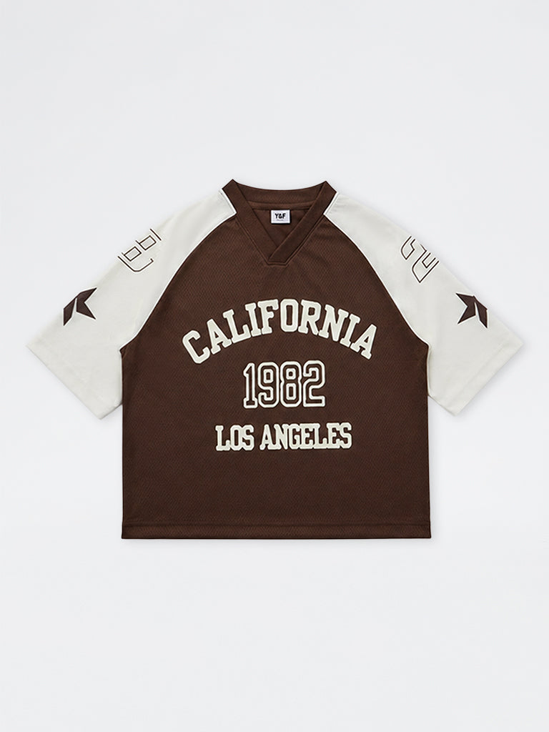 Boys Dark Brown Text Printed Colour-Blocked Jersey T-Shirt