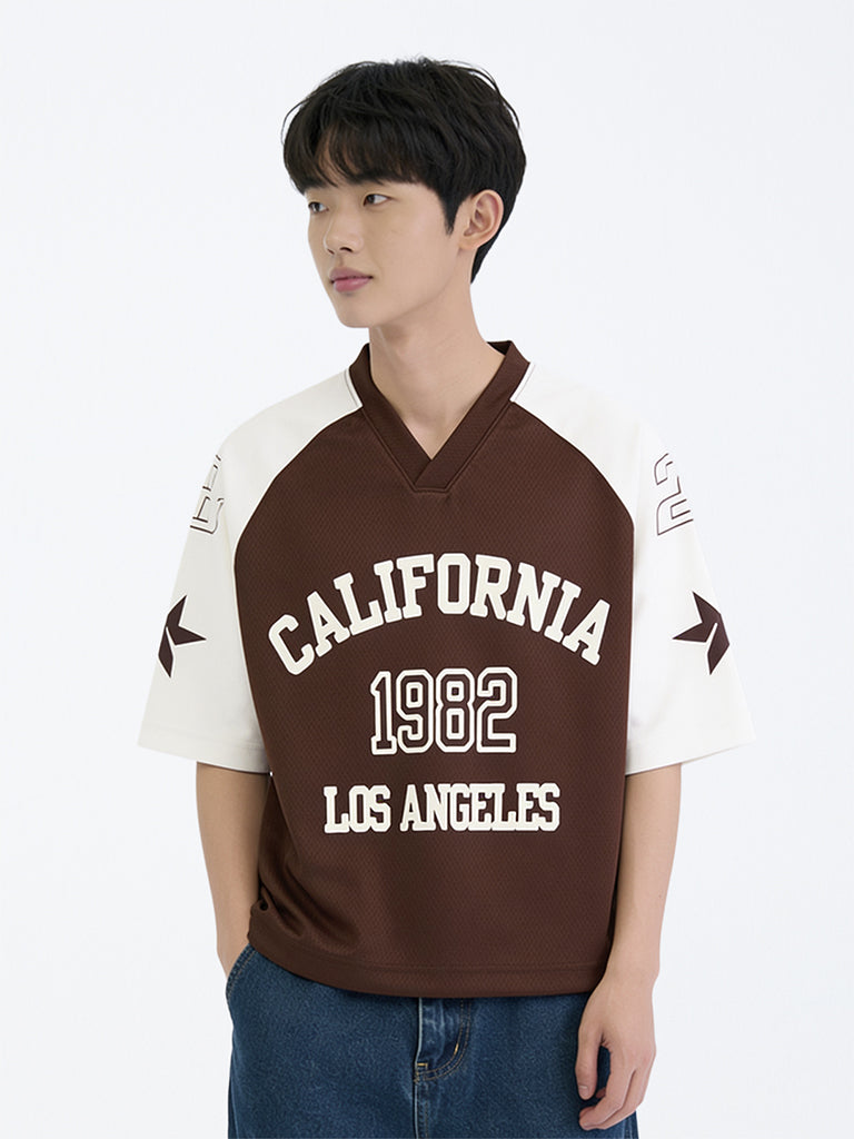 Boys Dark Brown Text Printed Colour-Blocked Jersey T-Shirt