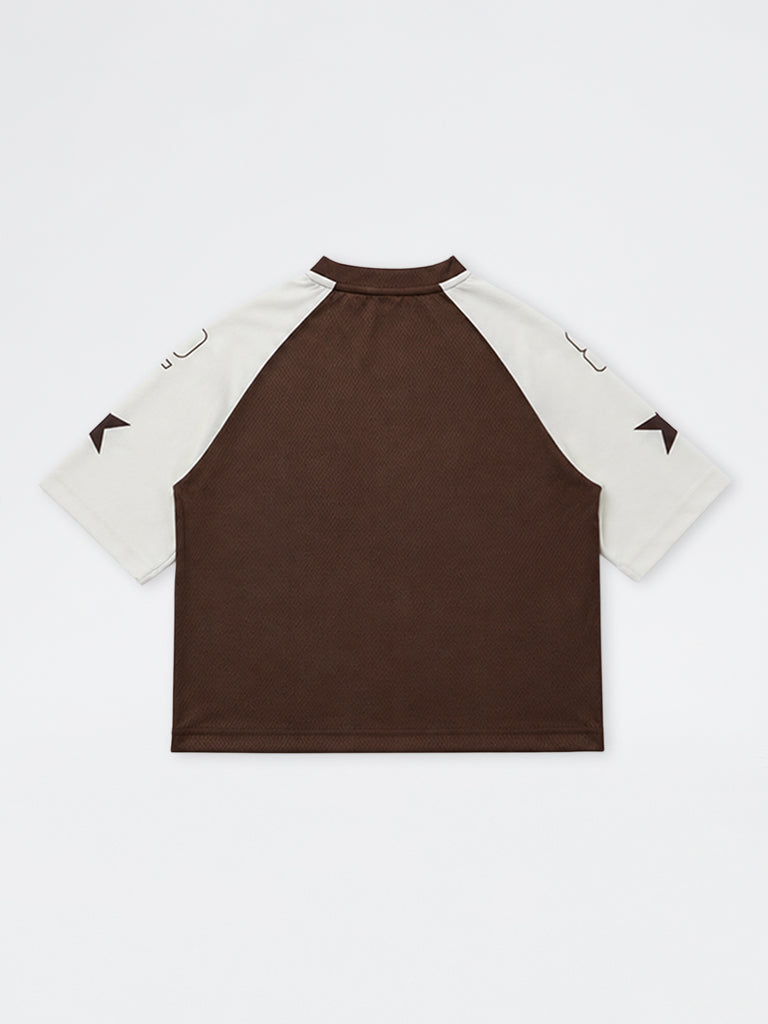 Boys Dark Brown Text Printed Colour-Blocked Jersey T-Shirt