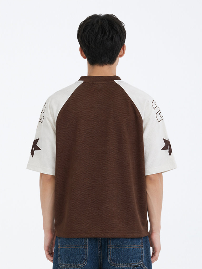 Boys Dark Brown Text Printed Colour-Blocked Jersey T-Shirt