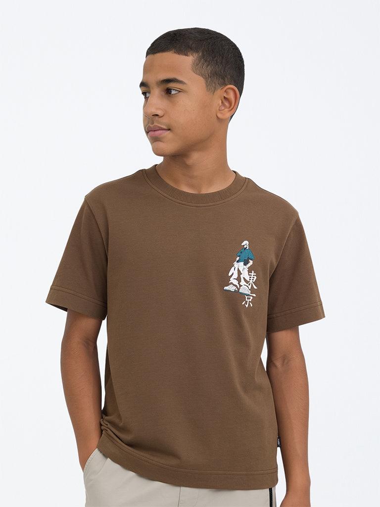 Boys Brown Japanese-Inspired Cotton T-Shirt
