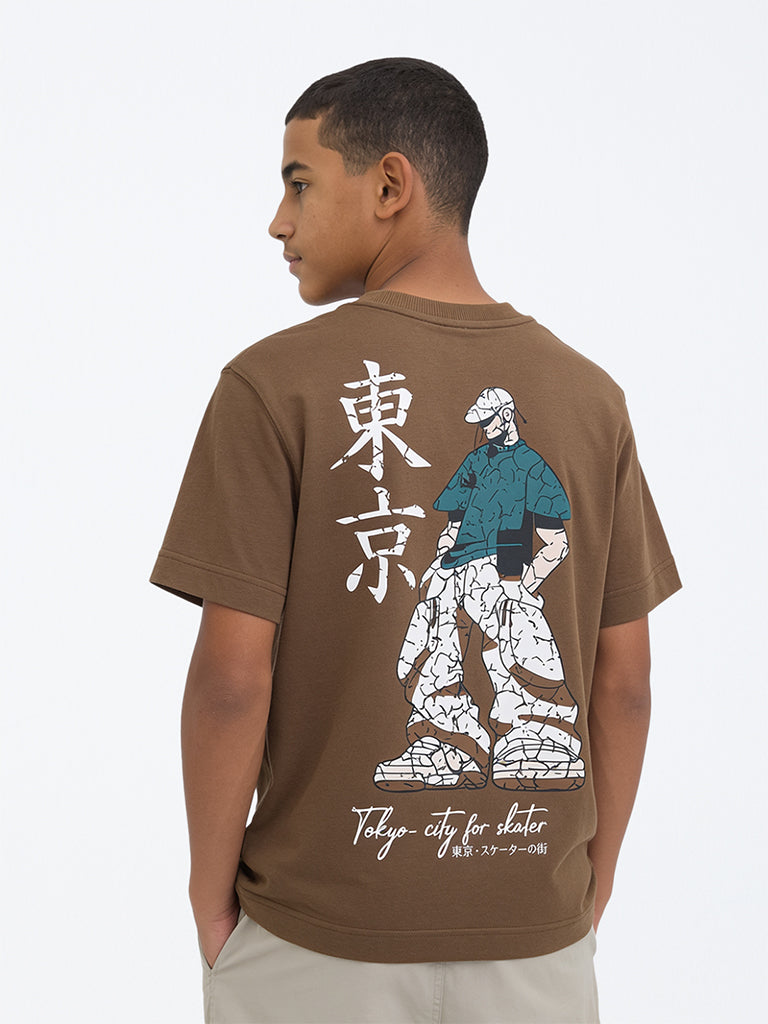 Boys Brown Japanese-Inspired Cotton T-Shirt