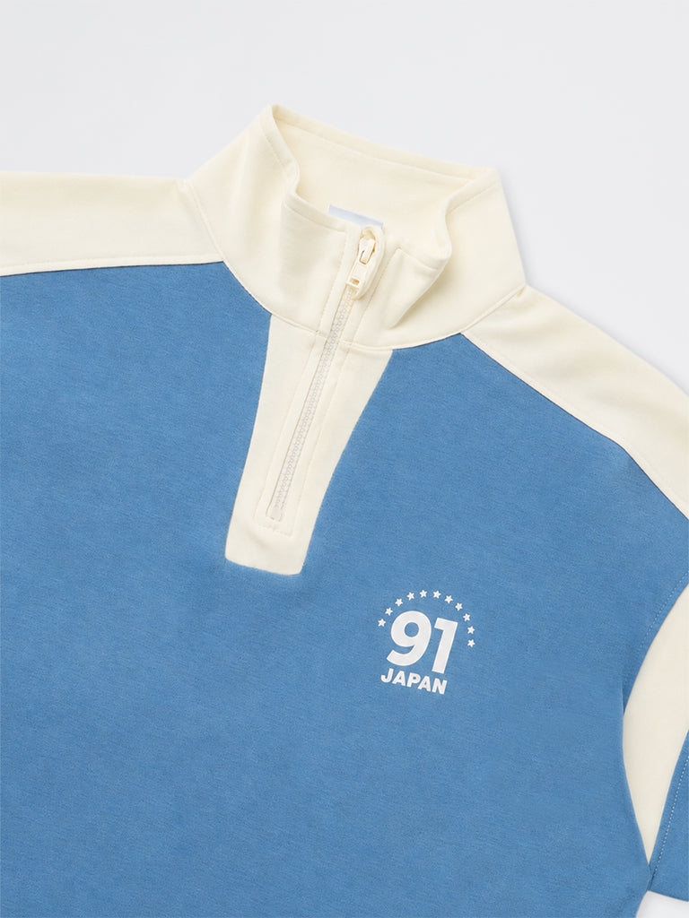 Boys Blue Colour-Blocked Quarter-Zip Cotton T-Shirt