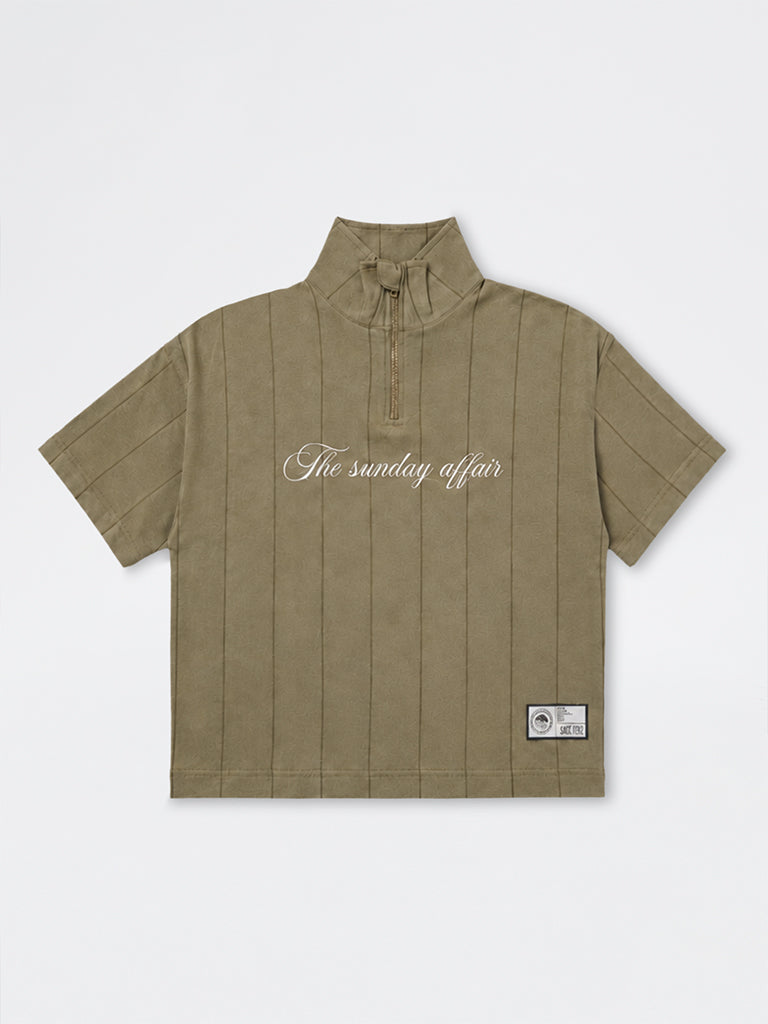 Boys Olive Striped Quarter-Zip Cotton T-Shirt