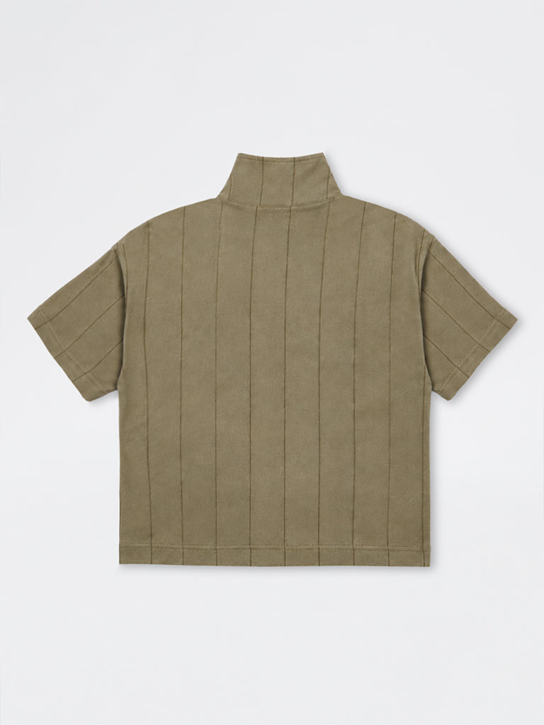 Boys Olive Striped Quarter-Zip Cotton T-Shirt