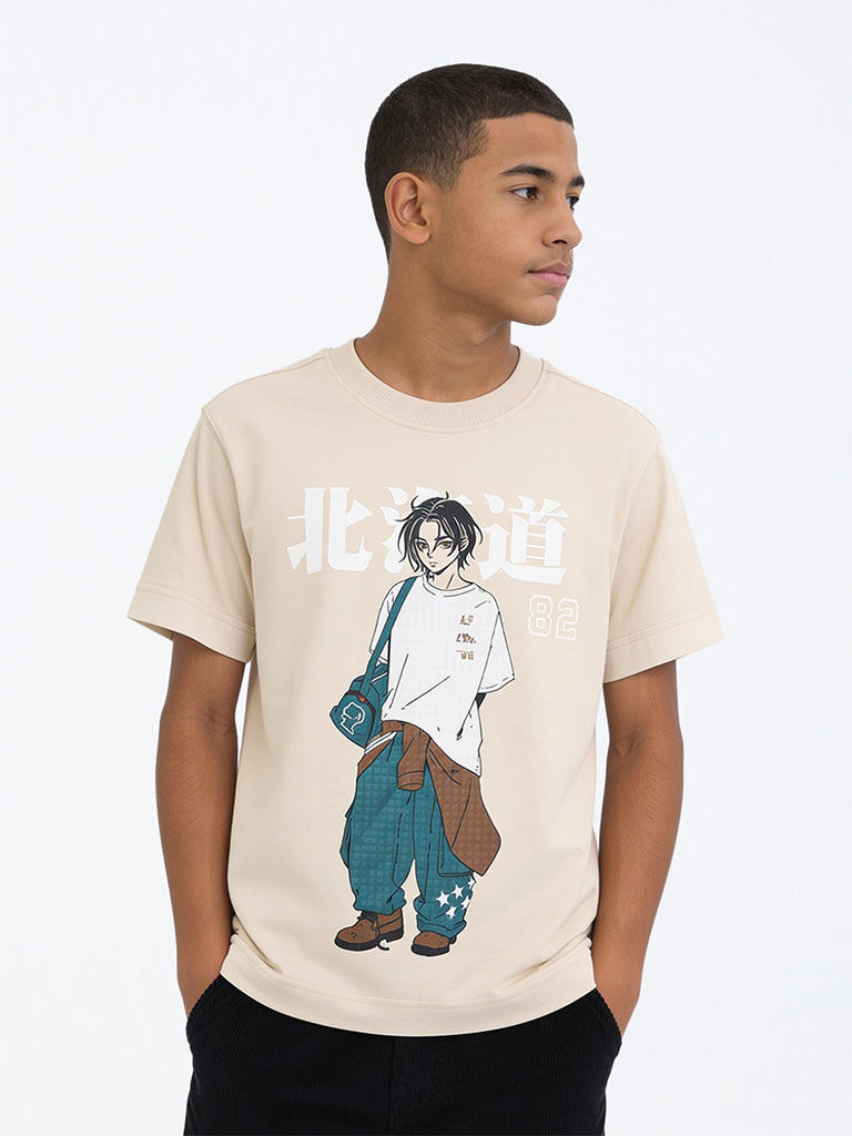 Boys Light Beige Graphic Printed Cotton T-Shirt