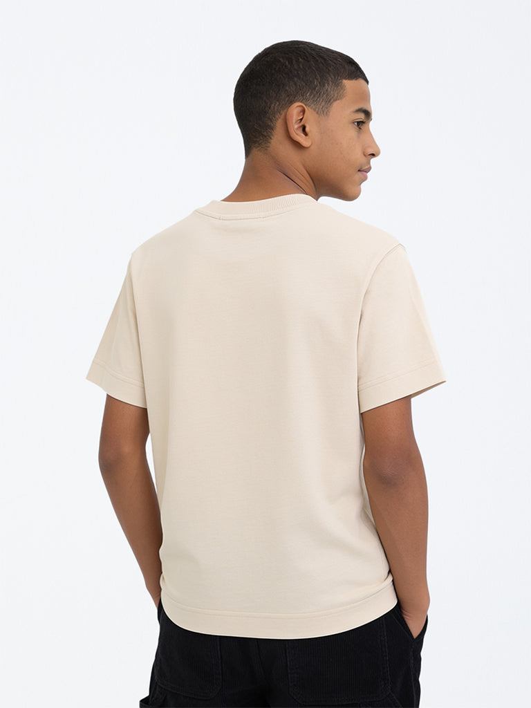 Boys Light Beige Graphic Printed Cotton T-Shirt