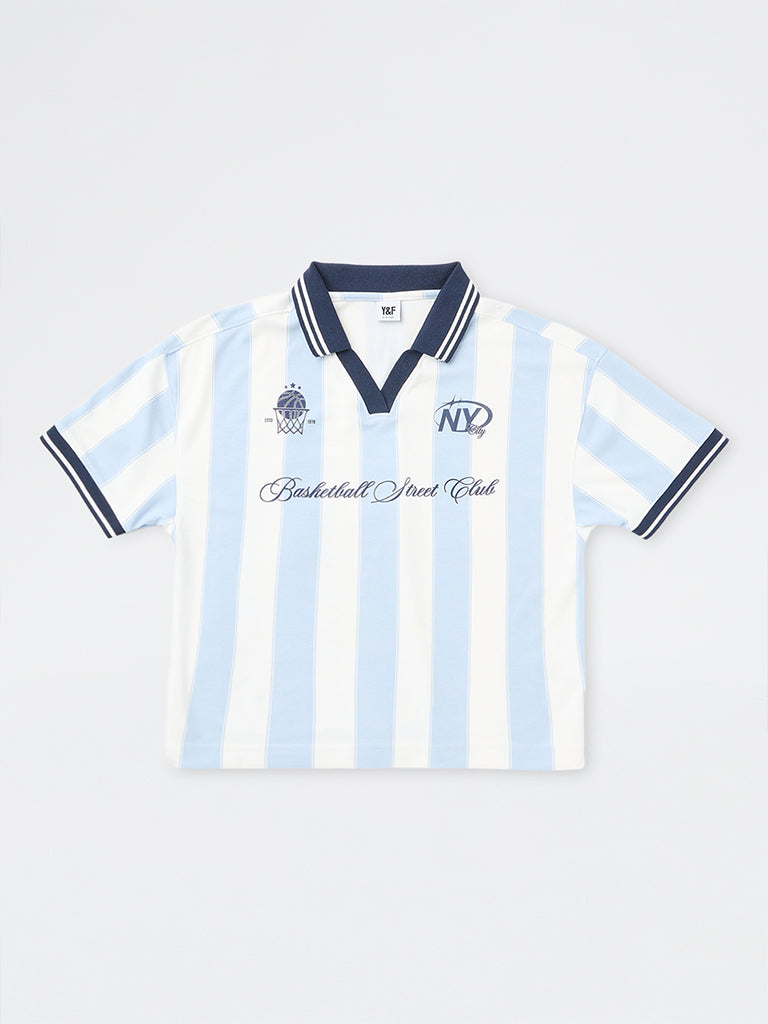 Boys Light Blue Striped Printed T-Shirt