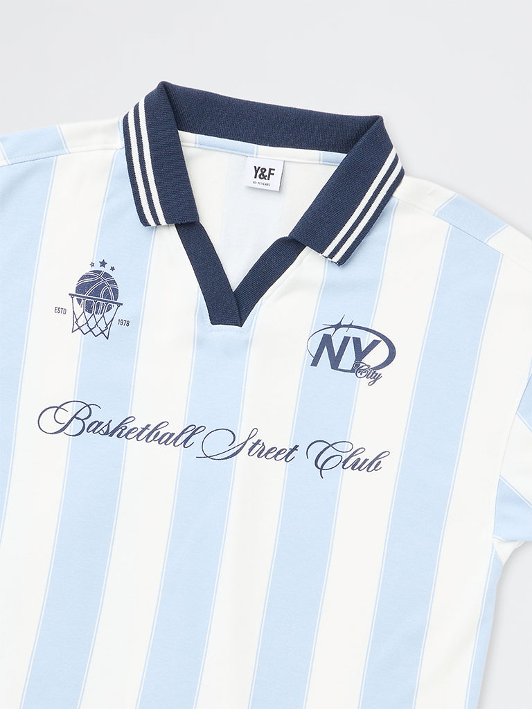 Boys Light Blue Striped Printed T-Shirt