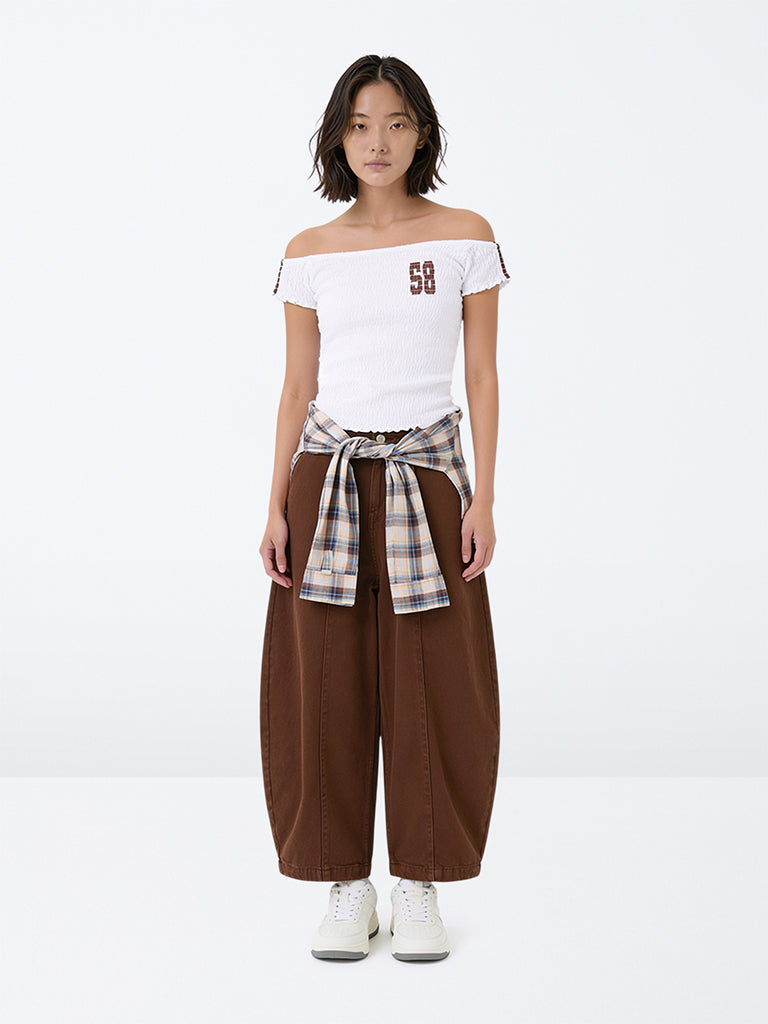 Girls Brown High-Waist Barrel Jeans with Checkered Wrap-Around Detail