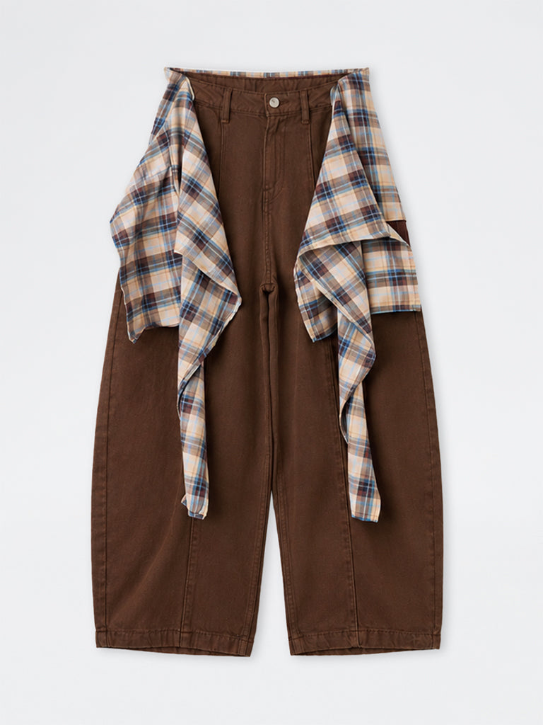 Girls Brown High-Waist Barrel Jeans with Checkered Wrap-Around Detail