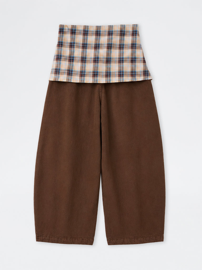 Girls Brown High-Waist Barrel Jeans with Checkered Wrap-Around Detail