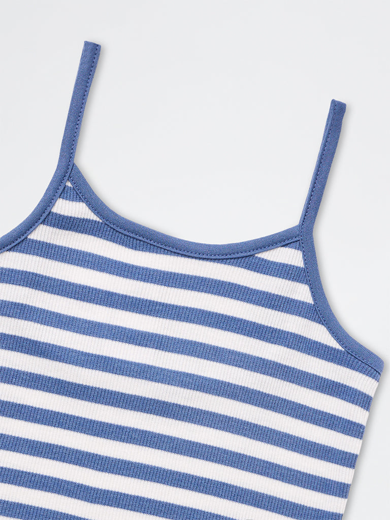 Girls Blue Striped Cotton-Blend Top