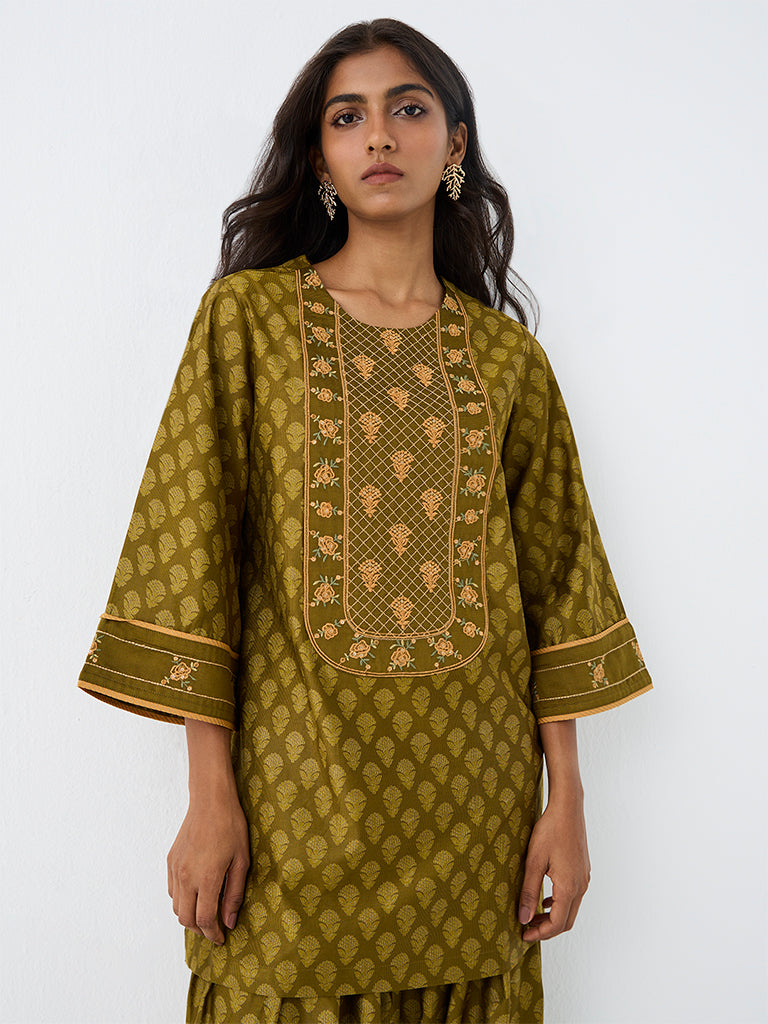 Utsa Olive Floral Printed Kurti