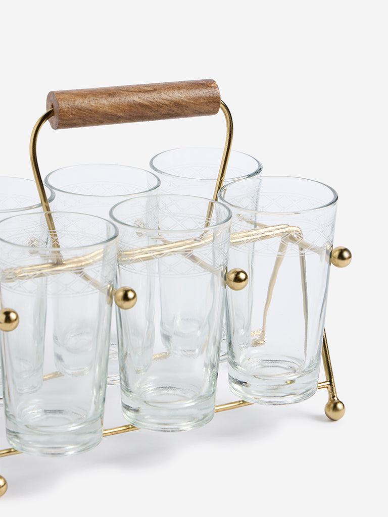 Westside Home Gold Metal Chai Caddy with Glasses - Set of 6