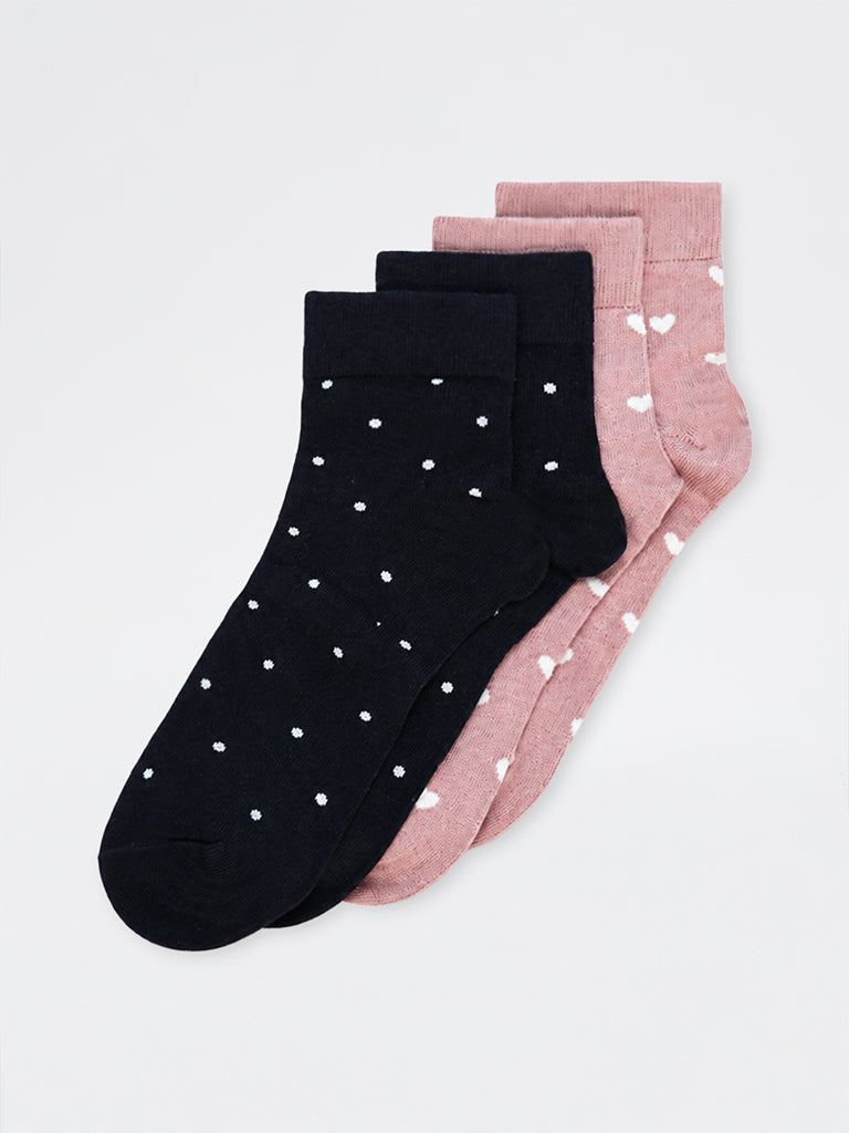 Wunderlove Black and Pink Printed Cotton-Blend Ankle Socks - Pack of 2