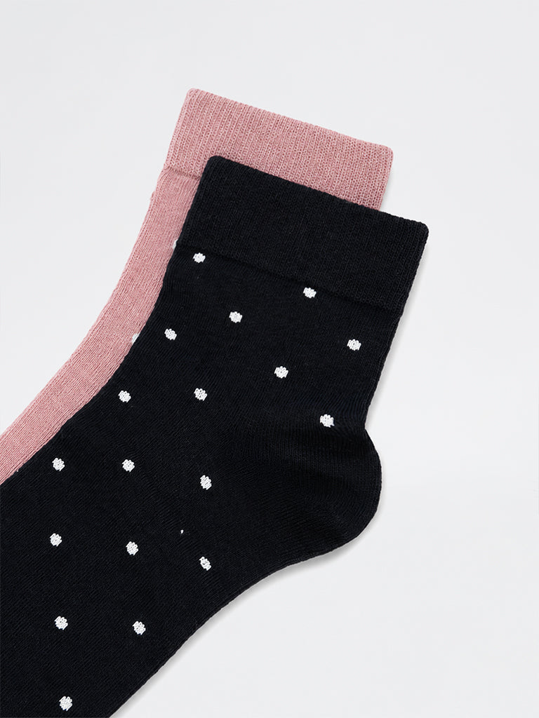 Wunderlove Black and Pink Printed Cotton-Blend Ankle Socks - Pack of 2