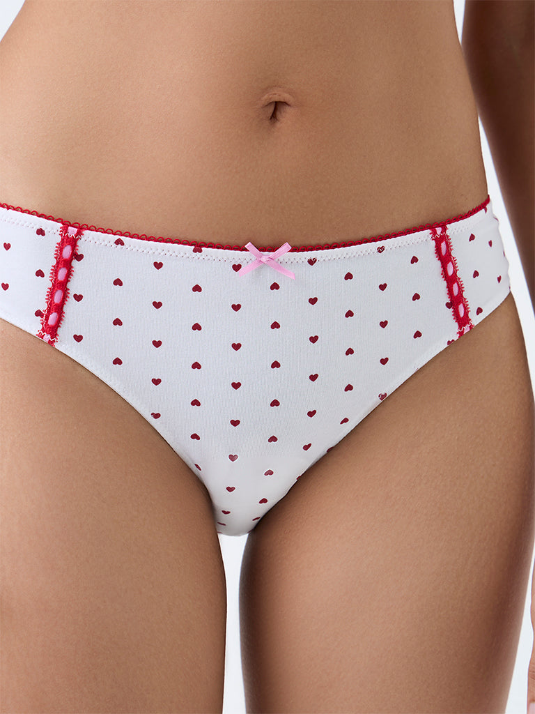 Superstar White Heart Printed Cotton-Blend Bikini Briefs