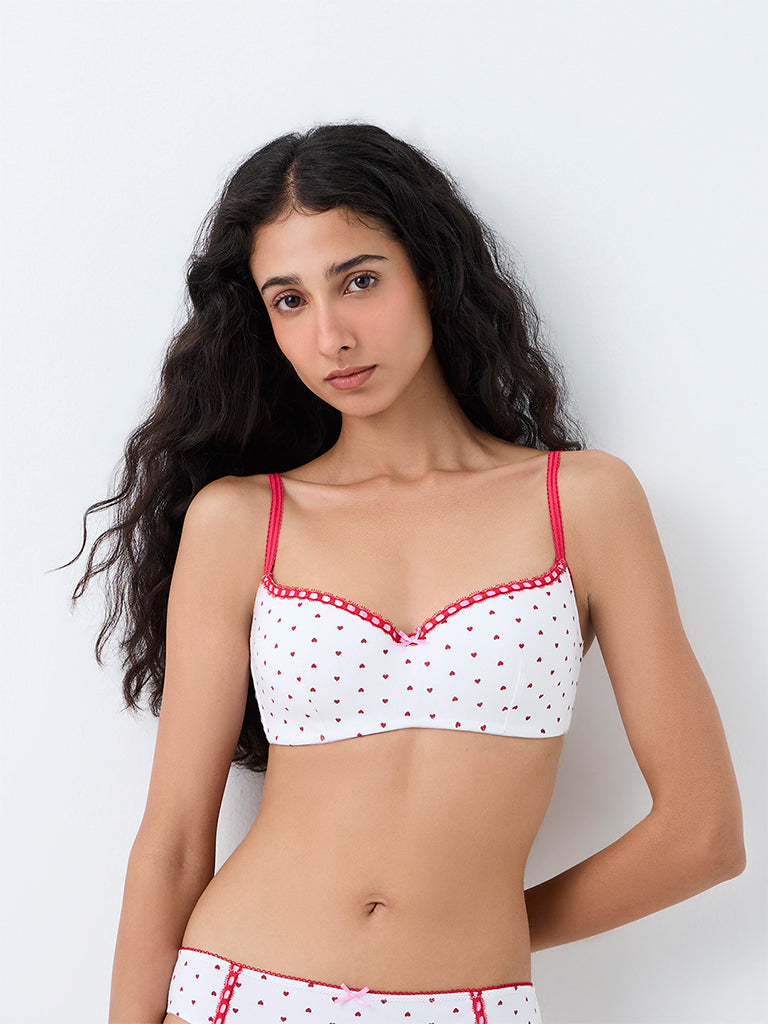 Superstar White Heart Printed Cotton-Blend Padded Bra