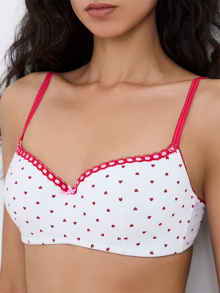 Superstar White Heart Printed Cotton-Blend Padded Bra