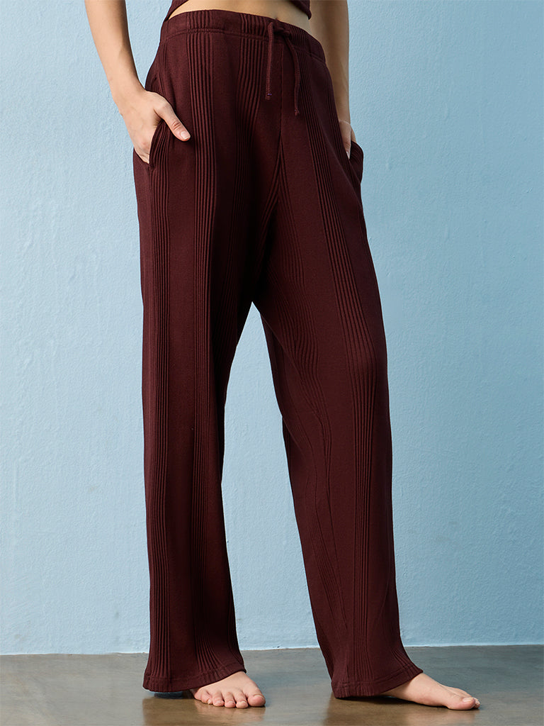 Superstar Dark Brown Ribbed-Textured High-Rise Cotton-Blend Pants