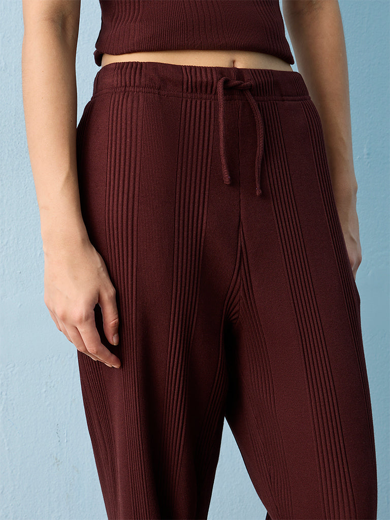 Superstar Dark Brown Ribbed-Textured High-Rise Cotton-Blend Pants