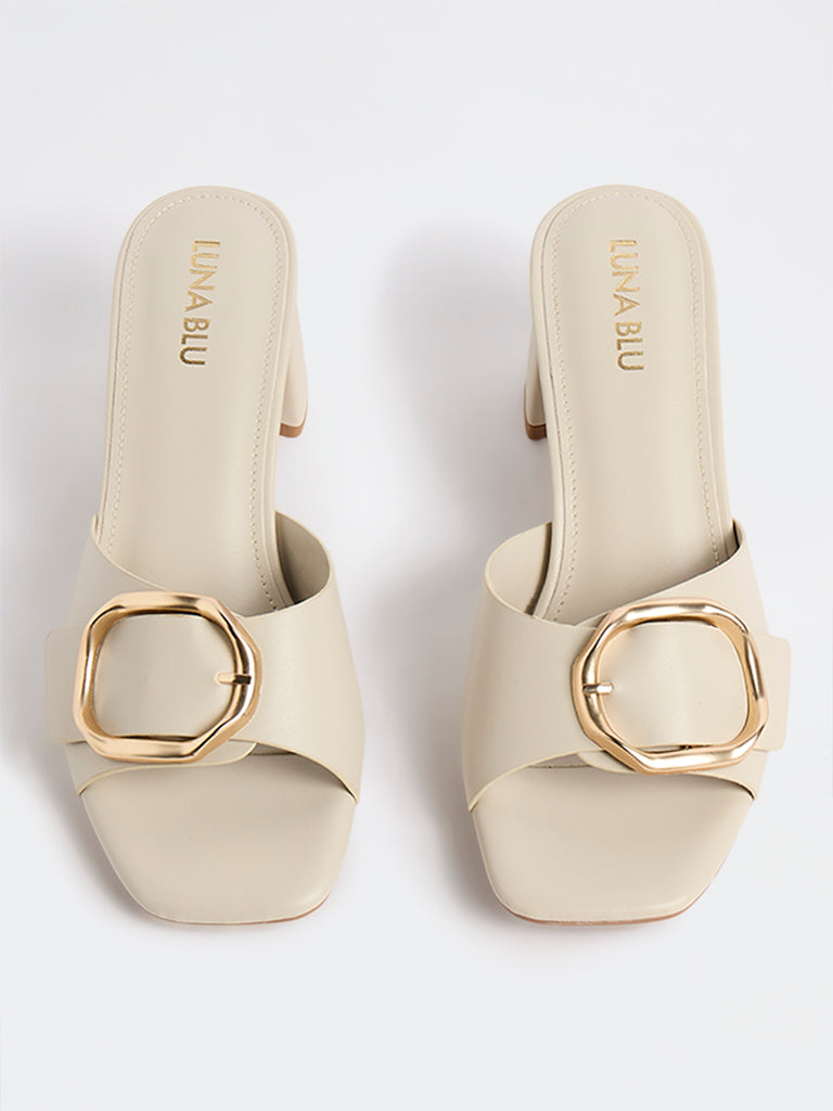 LUNA BLU Ivory Buckle-Detailed Block Heel Sandals