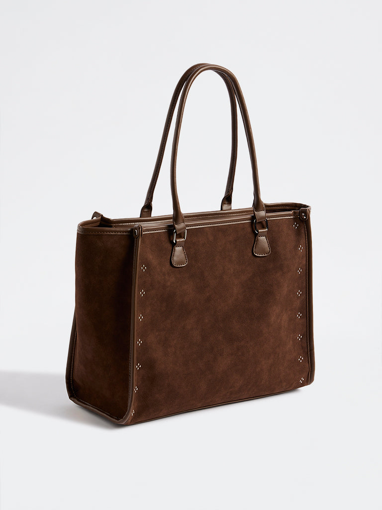 Westside Brown Stud-Detailed Suede Tote Bag