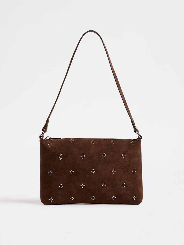 Westside Dark Brown Stud-Detailed Shoulder Bag with Sling Handle