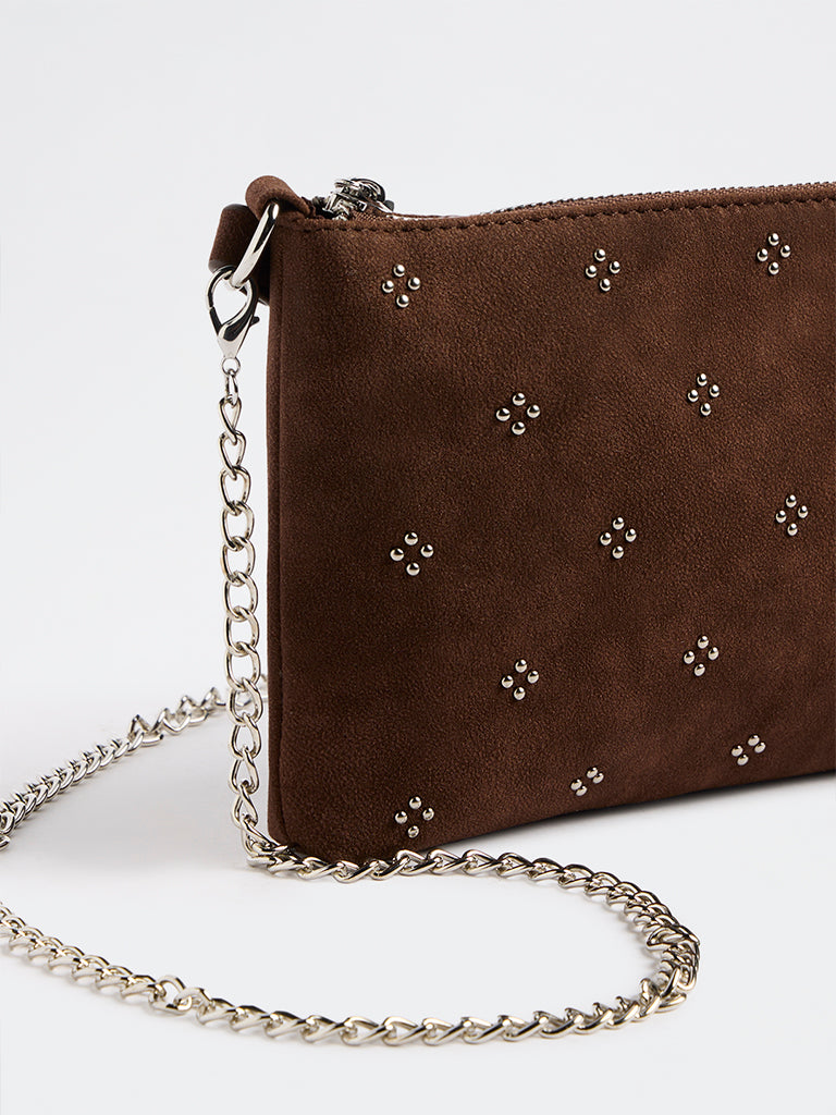 Westside Dark Brown Stud-Detailed Shoulder Bag with Sling Handle