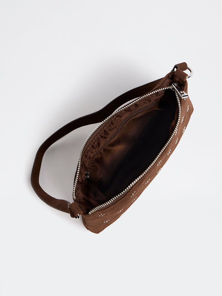 Westside Dark Brown Stud-Detailed Shoulder Bag with Sling Handle
