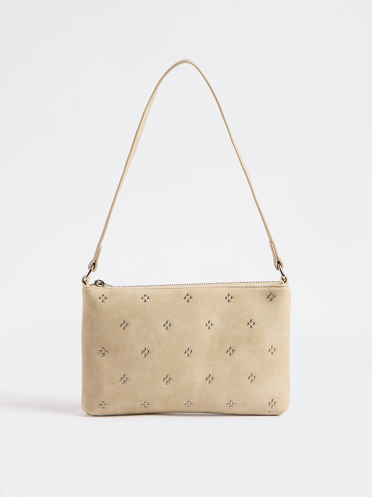 Westside Cream Stud-Detailed Shoulder Bag with Sling Handle